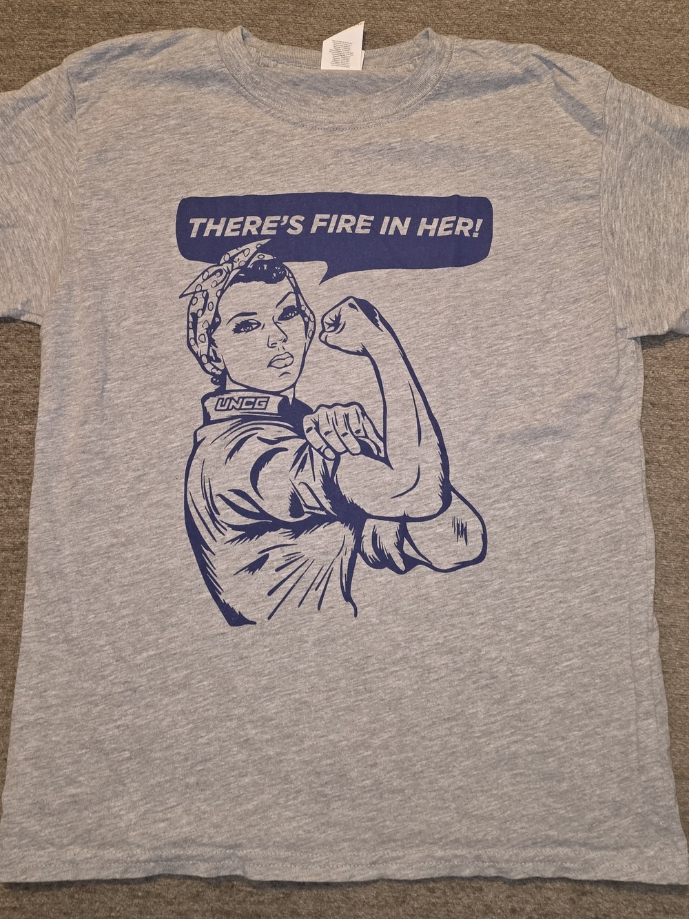 Gildan Gray Short-Sleeve Tee with Navy "There's Fire In Her!" Youth Medium